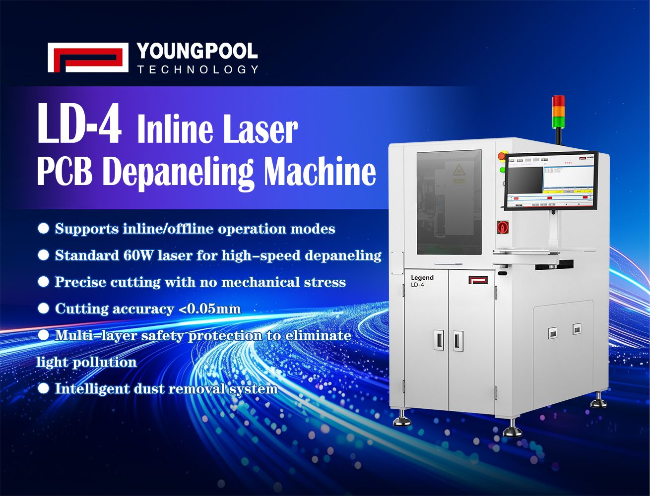 Máy tách bảng mạch PCB laser LD-4 của Youngpool Technology | Cho phép tách bảng mạch PCB linh hoạt cho dây chuyền sản xuất SMT